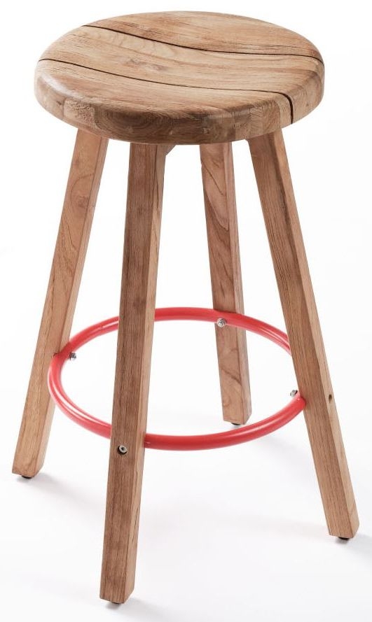 Sand Teak Wood And Red Round Barstool Sold In Pairs