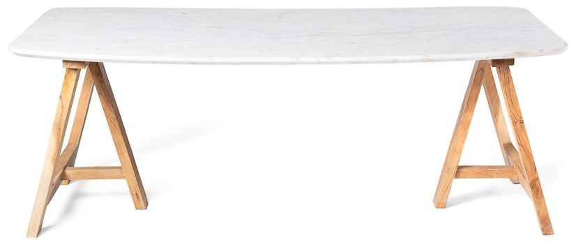 Grange White Marble Top 200cm Dining Table With Wooden Legs