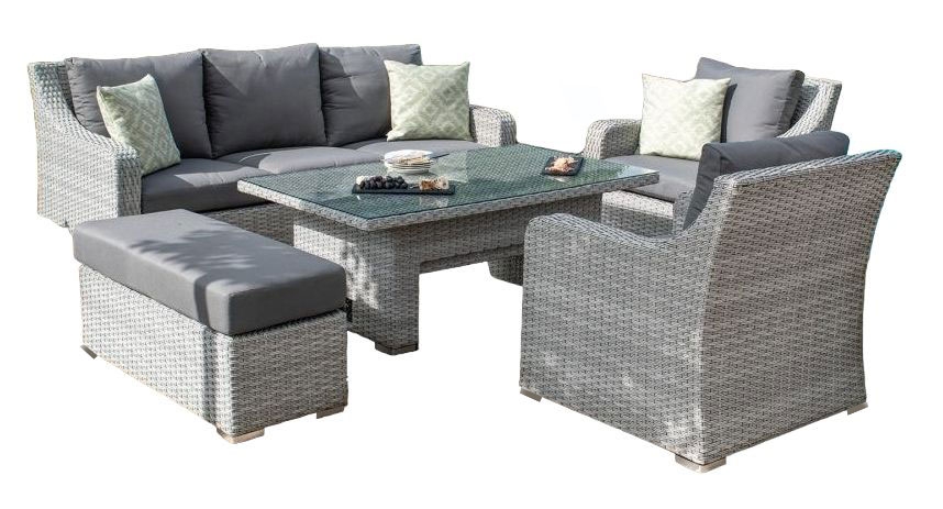 Maze Ascot 3 Seat Rattan Sofa Dining Set With Rising Table And Weatherproof Cushions