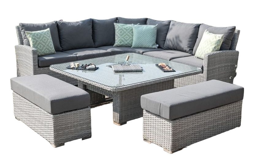 Maze Ascot Deluxe Rattan Corner Dining Set With Rising Table Ice Bucket And Weatherproof Cushions