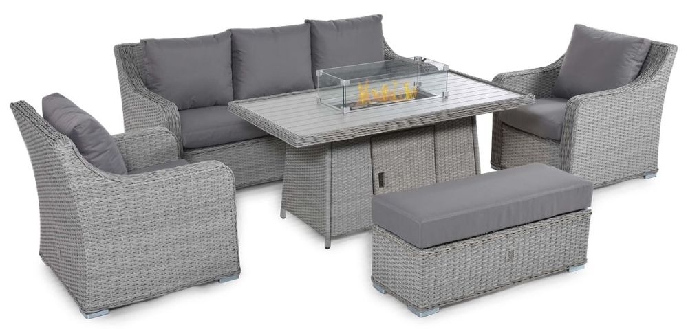 Maze Ascot Grey 3 Seat Rattan Sofa Dining Set With Fire Pit And Weatherproof Cushions