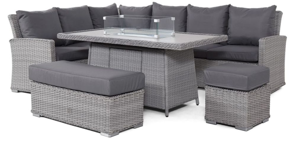 Maze Ascot Rectangular Grey Rattan Corner Dining Set With Fire Pit And Weatherproof Cushions