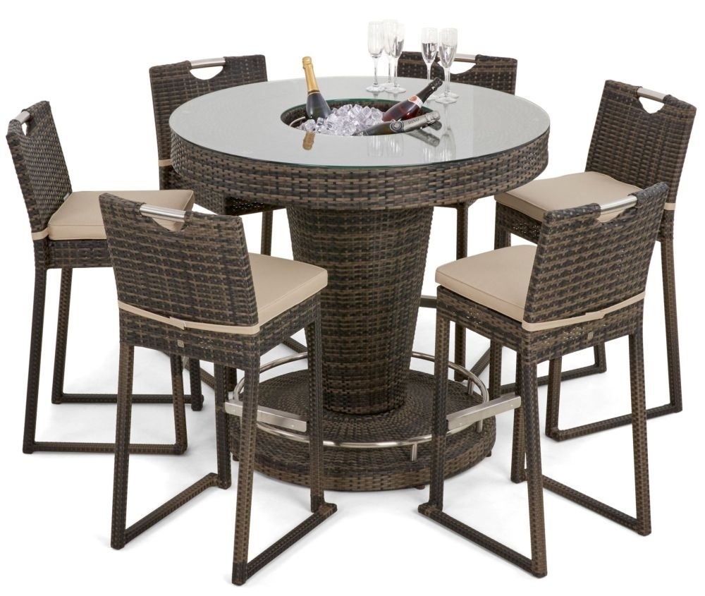 Maze Flat Weave Brown Round Rattan Bar Table With Ice Bucket And 6 Chairs