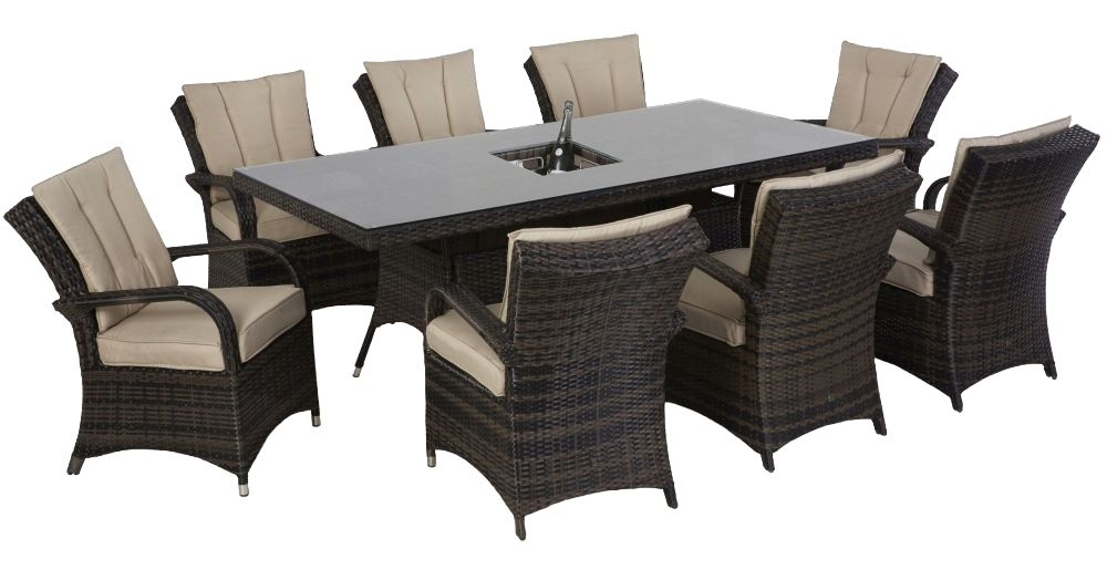 Maze Flat Weave Texas Brown Rattan Dining Table With Ice Bucket And 8 Chair