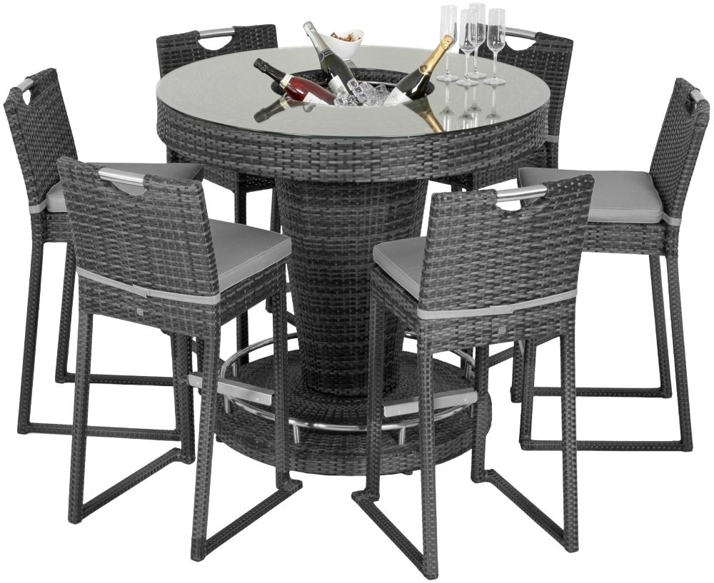 Maze Flat Weave Grey Round Rattan Bar Table With Ice Bucket And 6 Chairs