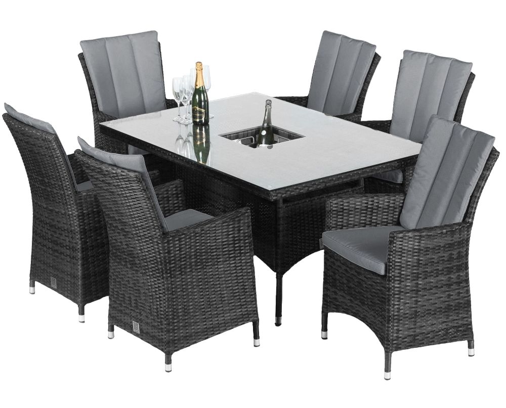 Maze Flat Weave La Grey Rattan Dining Table With Ice Bucket And 6 Chair