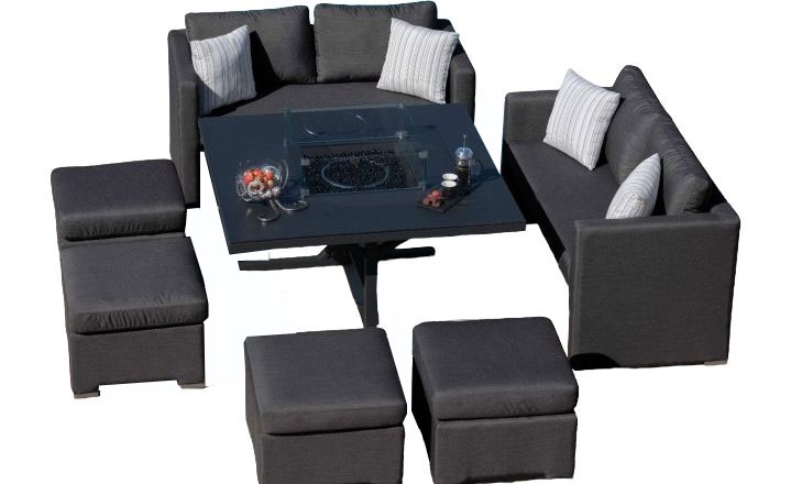 Maze Lounge Outdoor Fuzion Charcoal Fabric Cube Sofa Set With Fire Pit