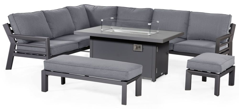 Maze New York Corner Grey Dining Set With Fire Pit Table Bench And Footstool