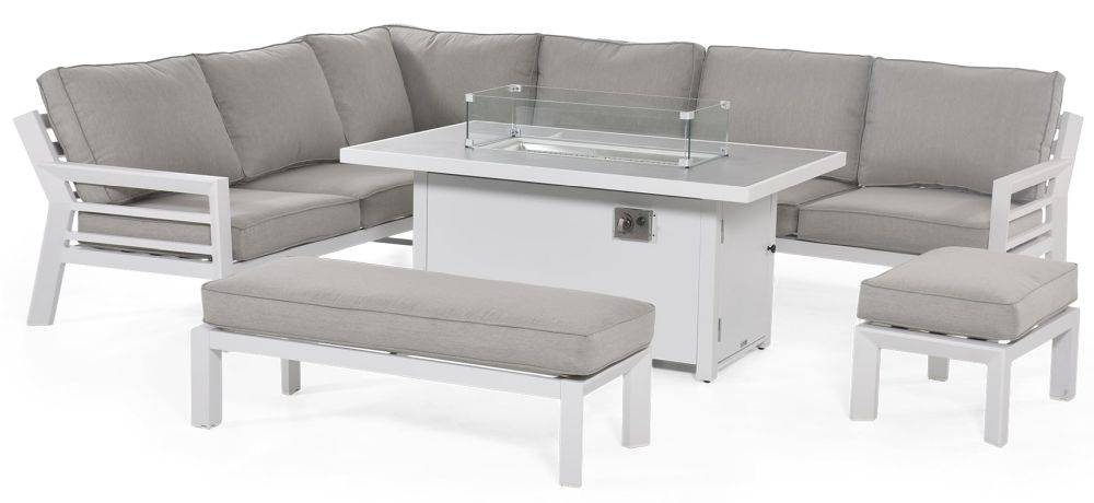 Maze New York White Corner Rectangular Dining Set With Fire Pit Table Bench And Footstool