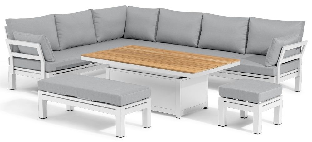 Maze Oslo White Corner Sofa With Teak Gas Lift Rectangular Rising Table