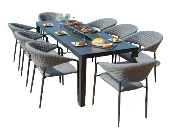 Maze Lounge Outdoor Pebble Flanelle Fabric 8 Seat Rectangular Dining Set With Fire Pit Table