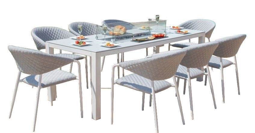 Maze Lounge Outdoor Pebble Lead Chine Fabric 8 Seat Rectangular Dining Set With Fire Pit Table