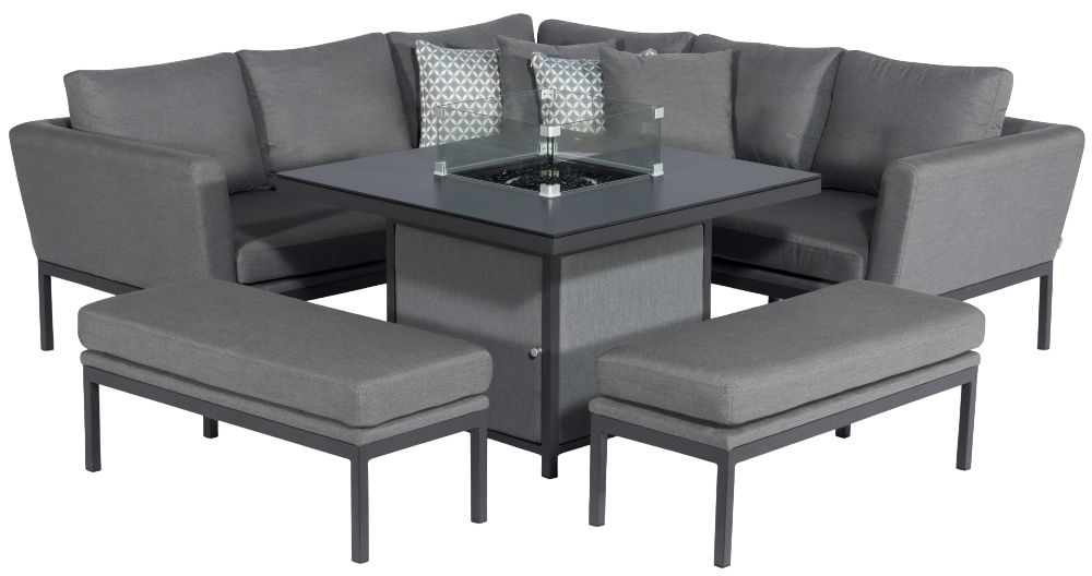 Maze Lounge Outdoor Pulse Flanelle Fabric Square Corner Dining Set With Fire Pit Table