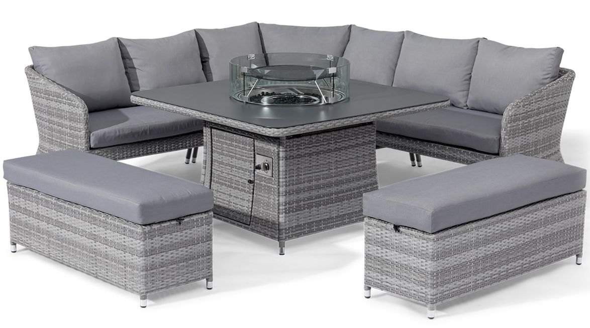 Maze Santorini Grey Deluxe Rattan Corner Dining Set With Fire Pit Table