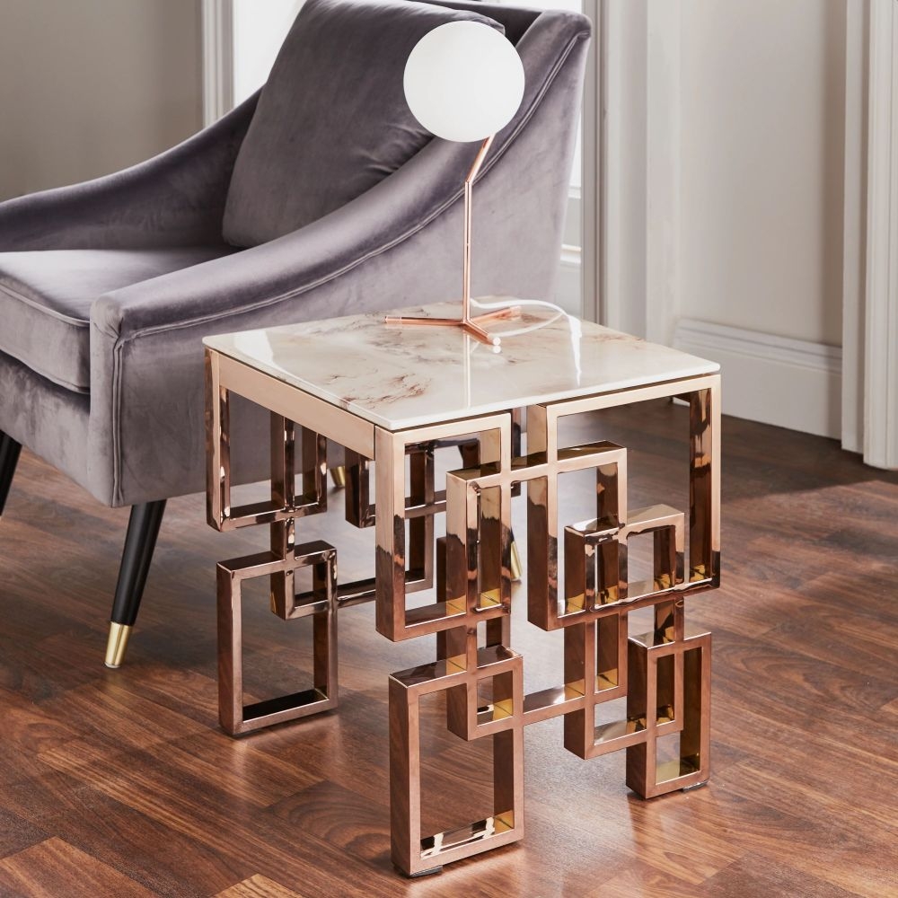Marble Glass And Rose Gold Square Side Table