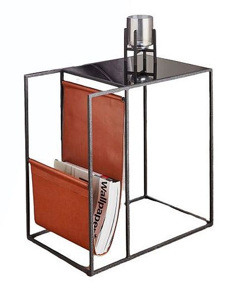 Black Metal Glass Top Side Table With Leather Magazine Holder