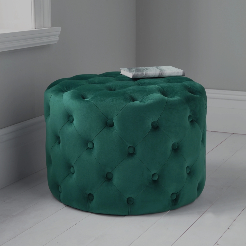 Dark Green Tufted Velvet Round Pouffe