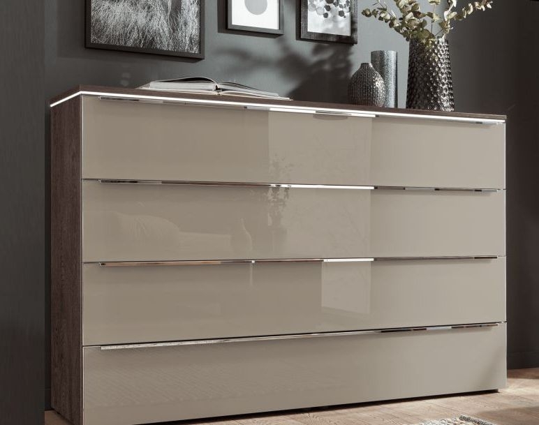 Nolte Alegro2 Style Imitation Macadamia Walnut And Terra Glass Chest 4 Drawer
