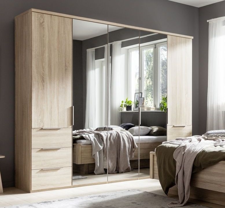 Nolte Concept Me 200 Imitation Sonoma Oak 5 Door 6 Drawer Combi Wardrobe With 3 Mirror Front 250cm