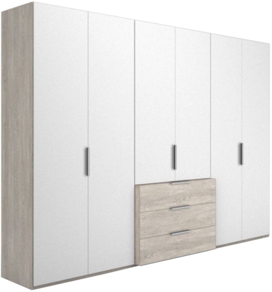 Nolte Concept Me 220 Imitation Platinum Oak And Polar White 6 Door 3 Drawer Combi Wardrobe 300cm