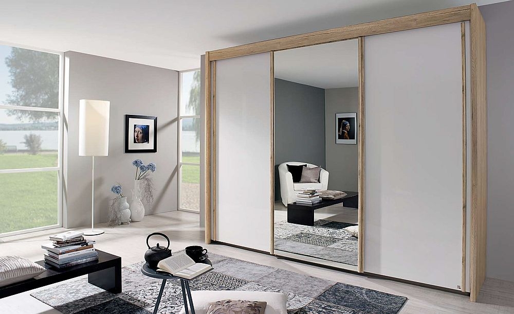 Rauch Amalfi 3 Door Mirror Sliding Wardrobe In Oak And Silk Grey W 300cm