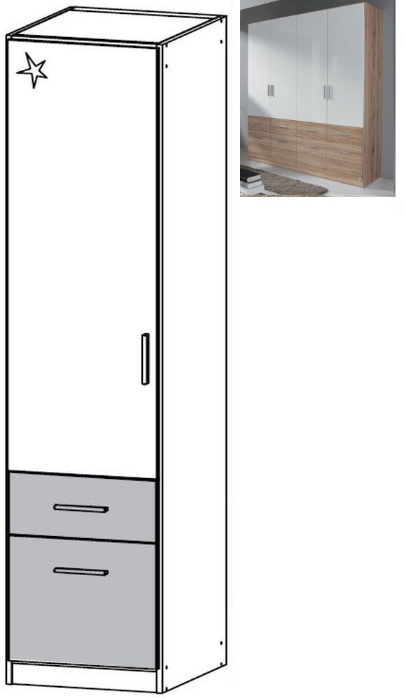 Rauch Celle Extra 1 Left Door 2 Drawer Combi Wardrobe In Sanremo Oak Light And High Gloss White W 47cm