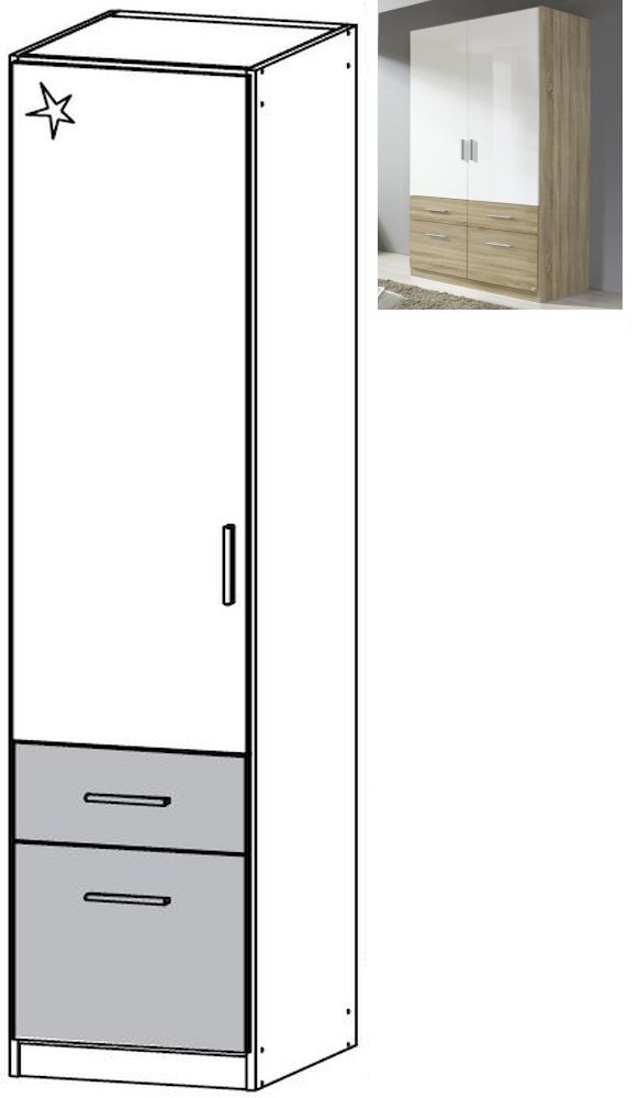 Rauch Celle Extra 1 Left Door 2 Drawer Combi Wardrobe In Sonoma Oak And High Gloss White W 47cm