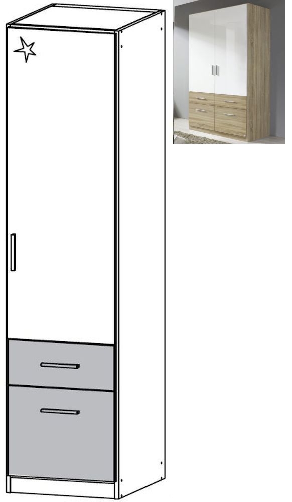 Rauch Celle Extra 1 Right Door 2 Drawer Combi Wardrobe In Sonoma Oak And High Gloss White W 47cm
