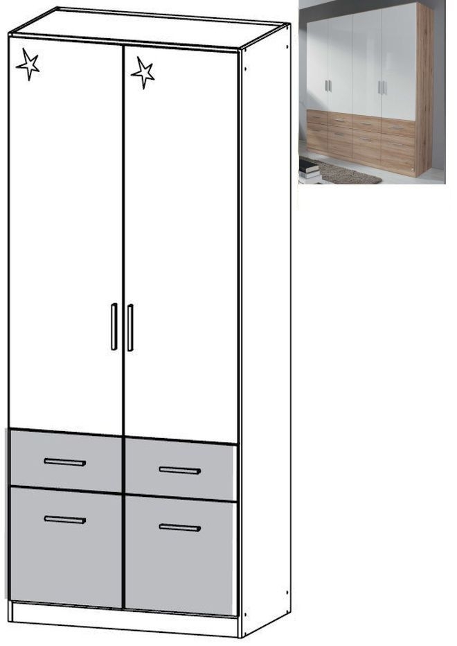 Rauch Celle Extra 2 Door 4 Drawer Combi Wardrobe In Sanremo Oak Light And High Gloss White W 91cm