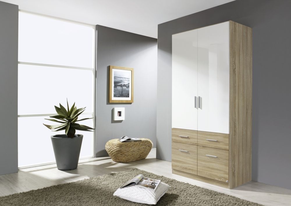 Rauch Celle Extra 2 Door 4 Drawer Combi Wardrobe In Sonoma Oak And High Gloss White W 91cm