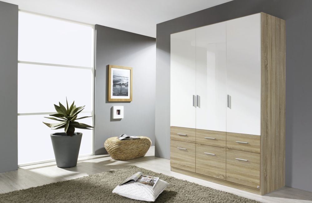 Rauch Celle Extra 3 Door 6 Drawer Combi Wardrobe In Sonoma Oak And High Gloss White W 136cm