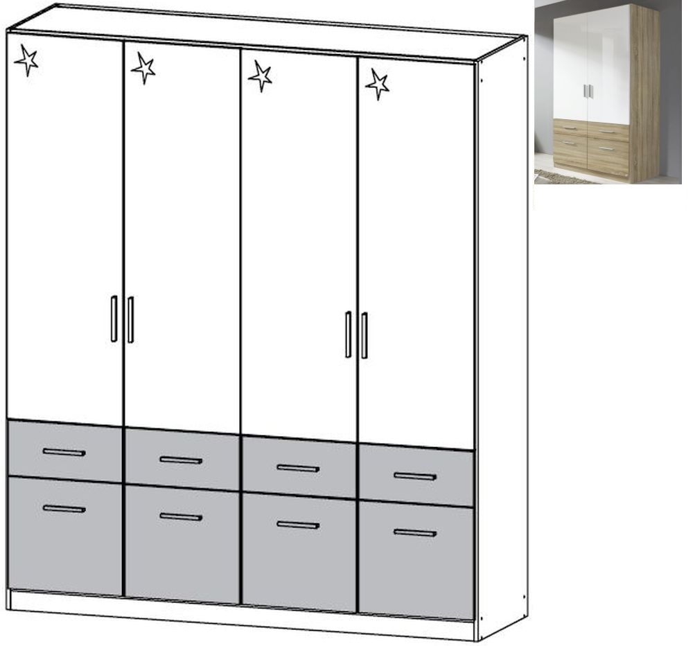 Rauch Celle Extra 4 Door 8 Drawer Combi Wardrobe In Sonoma Oak And High Gloss White W 181cm