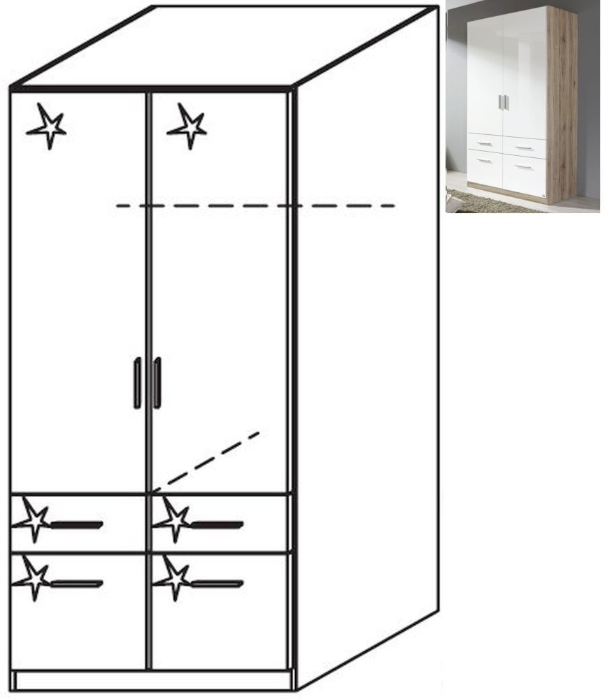 Rauch Celle 2 Door 4 Drawer Combi Wardrobe In Sanremo Oak Light And High Gloss White W 91cm