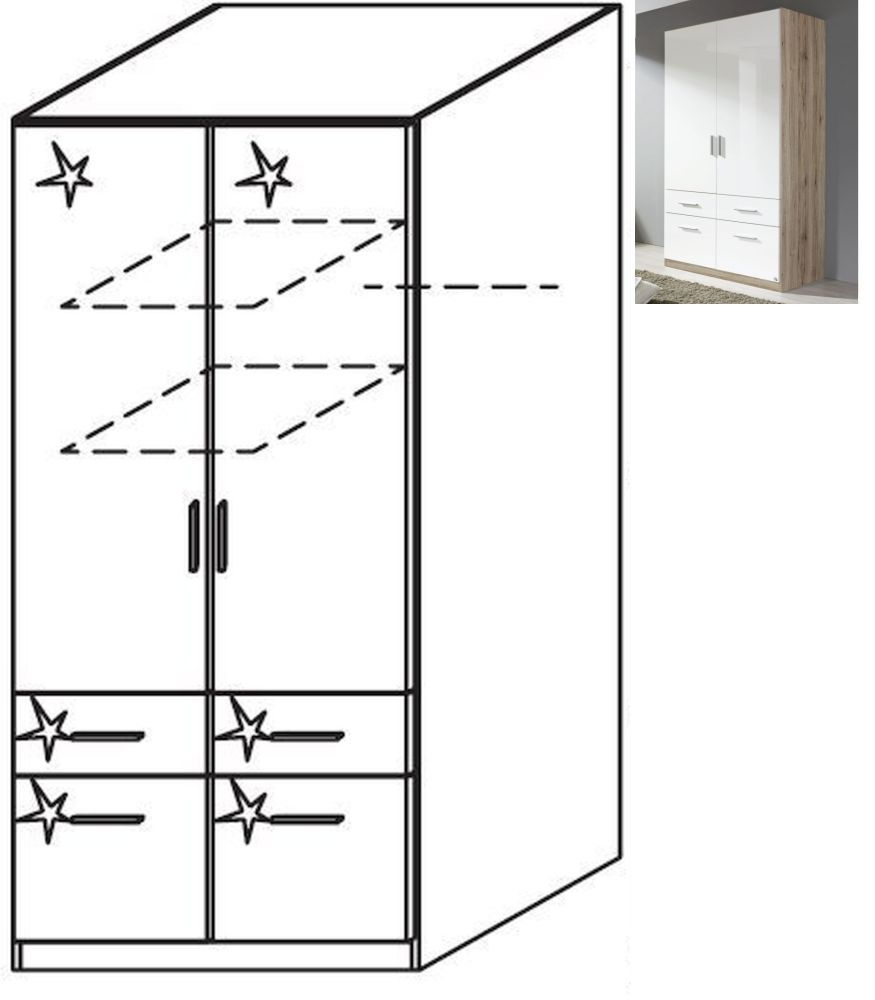 Rauch Celle 2 Door 4 Drawer Wardrobe In Sanremo Oak Light And High Gloss White W 91cm