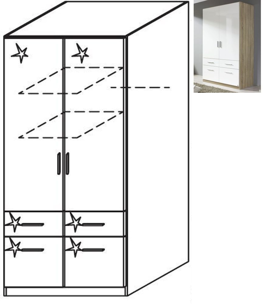 Rauch Celle 2 Door 4 Drawer Wardrobe In Sonoma Oak And High Gloss White W 91cm