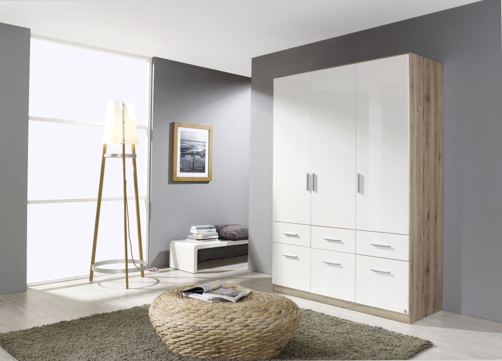 Rauch Celle 3 Door 6 Drawer Combi Wardrobe In Sanremo Oak Light And High Gloss White W 136cm