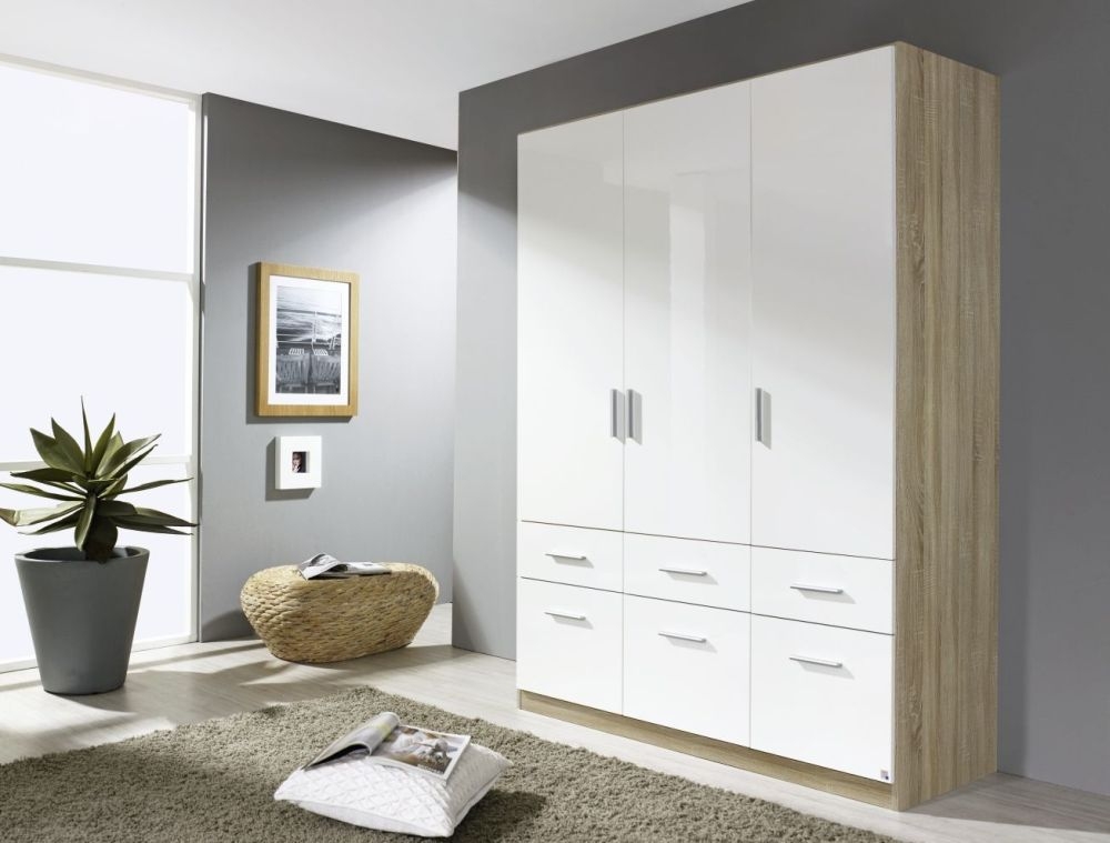 Rauch Celle 3 Door 6 Drawer Combi Wardrobe In Sonoma Oak And High Gloss White W 136cm