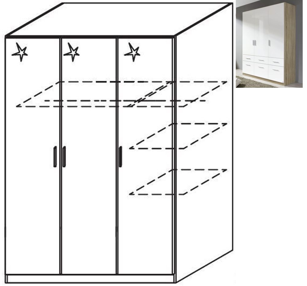 Rauch Celle 3 Door Wardrobe In Sonoma Oak And High Gloss White W 136cm