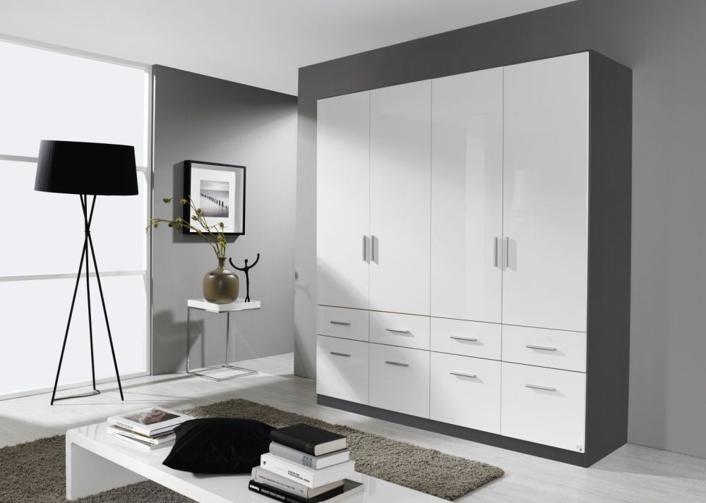 Rauch Celle 4 Door 8 Drawer Combi Wardrobe In Metallic Grey And High Gloss White W 181cm