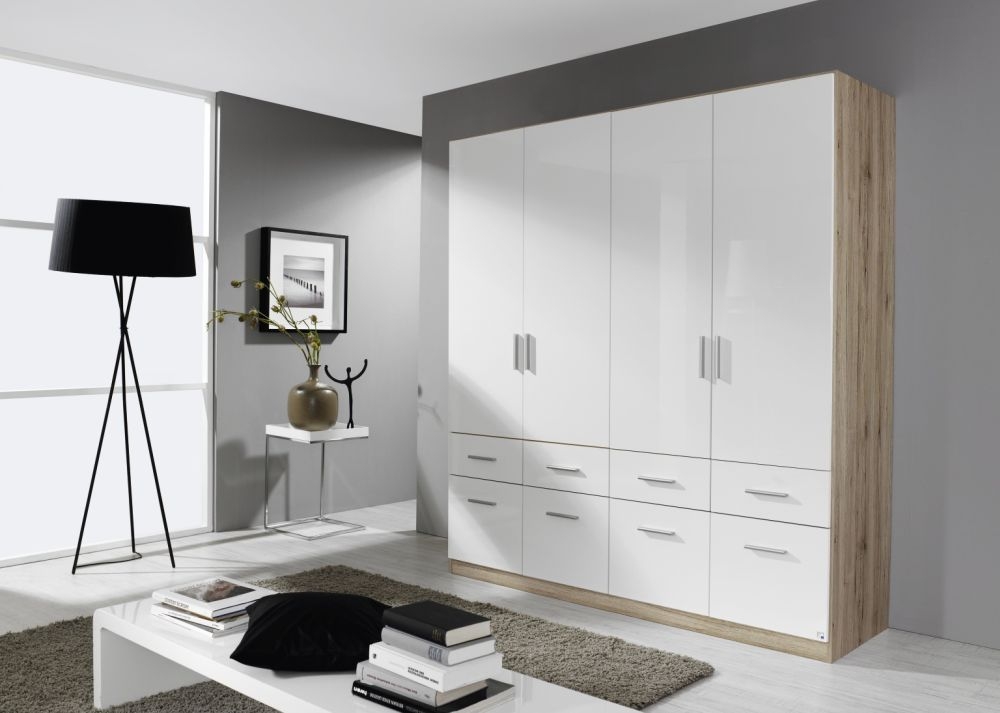 Rauch Celle 4 Door 8 Drawer Combi Wardrobe In Sanremo Oak Light And High Gloss White W 181cm