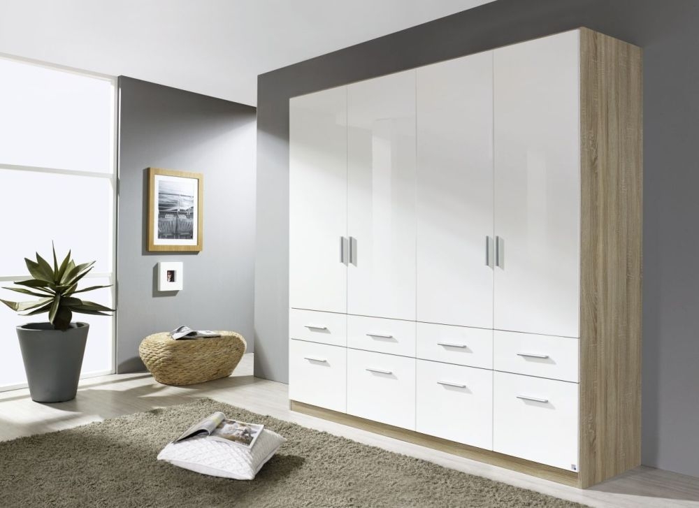 Rauch Celle 4 Door 8 Drawer Combi Wardrobe In Sonoma Oak And High Gloss White W 181cm