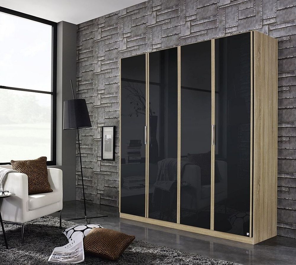 Rauch Essensa 4 Door Wardrobe In Oak And Basalt Glass W 181cm