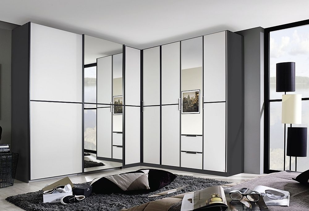Rauch Essensa 7 Door Combi L Shaped Wardrobe in Metallic Grey and White - W  462cm - CFS Furniture UK