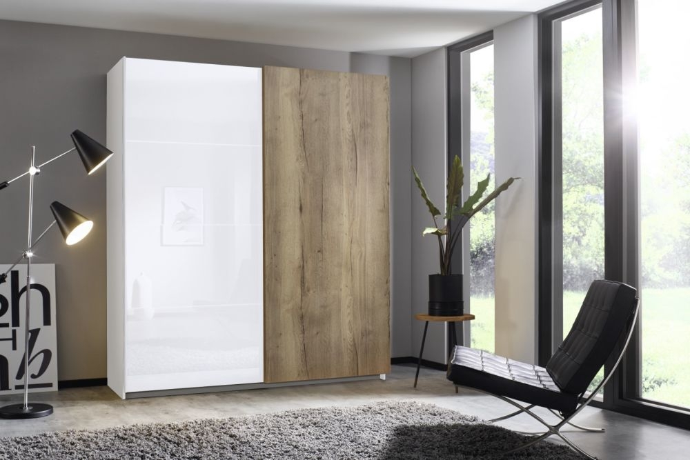 Rauch Halifax 2 Door Sliding Wardrobe In Alpine White And Glass White With Oak W 181cm