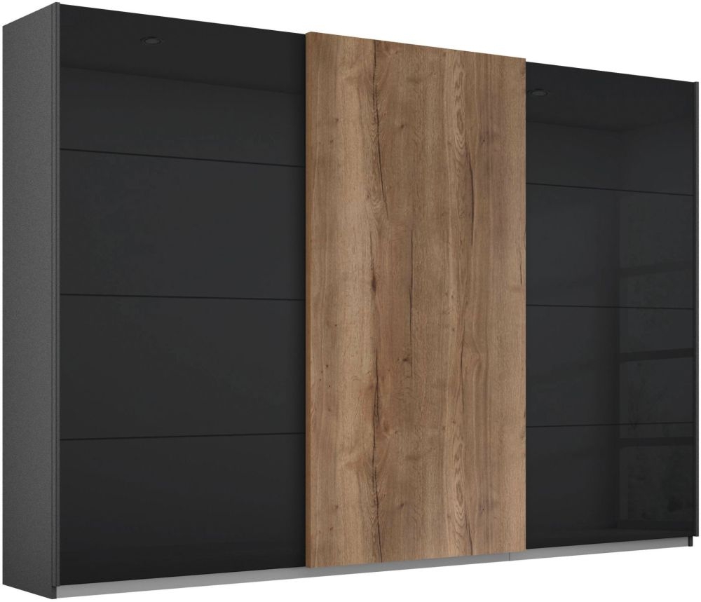 Rauch Halifax 3 Door Sliding Wardrobe In Metallic Grey And Glass Basalt With Oak W 271cm