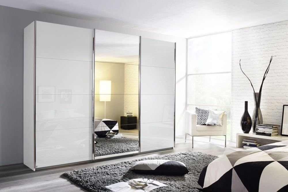 Rauch Kulmbach 3 Door Sliding Wardrobe In Alpine White And High Polish White With Chrome Handle Strips W 203cm