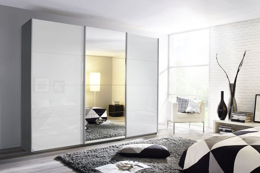 Rauch Kulmbach 3 Door Sliding Wardrobe In Grey Metallic And High Polish White With Aluminium Handle Strips W 203cm