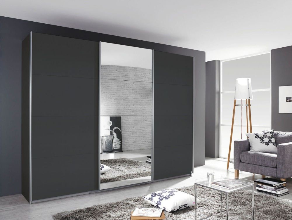 Rauch Kulmbach 3 Door Sliding Wardrobe In Grey Metallic With Aluminium Handle Strips W 203cm