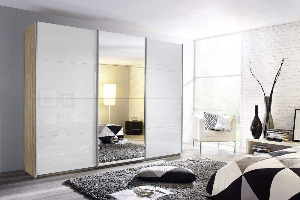 Rauch Kulmbach 3 Door Sliding Wardrobe In Sonoma Oak And High Polish White With Aluminium Handle Strips W 203cm