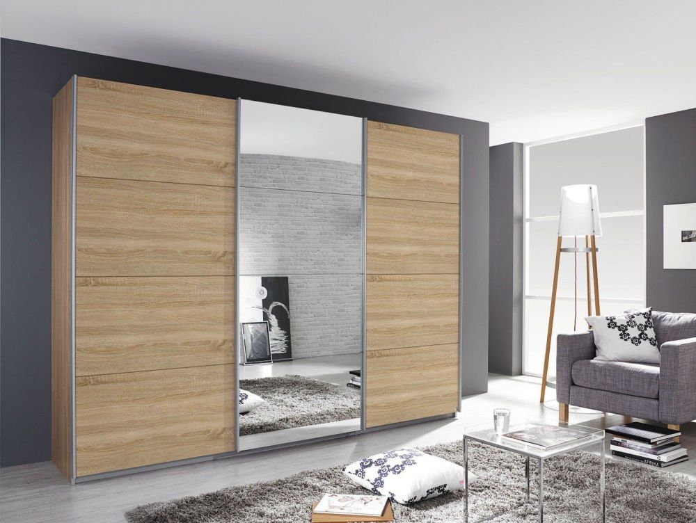 Rauch Kulmbach 3 Door Sliding Wardrobe In Sonoma Oak With Aluminium Handle Strips W 203cm